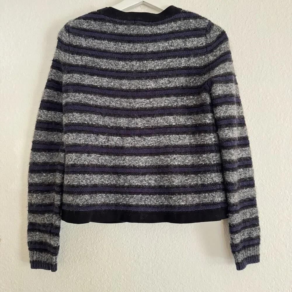 Karen Millen Cardigan Sz 4 Gray Black Blue Striped Cotton Mohair Blend Zip Pocke